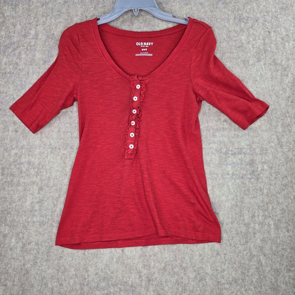 Old Navy Womens Button Front Red V-Neck Top Size M Soft Lightweight Stretch Fit